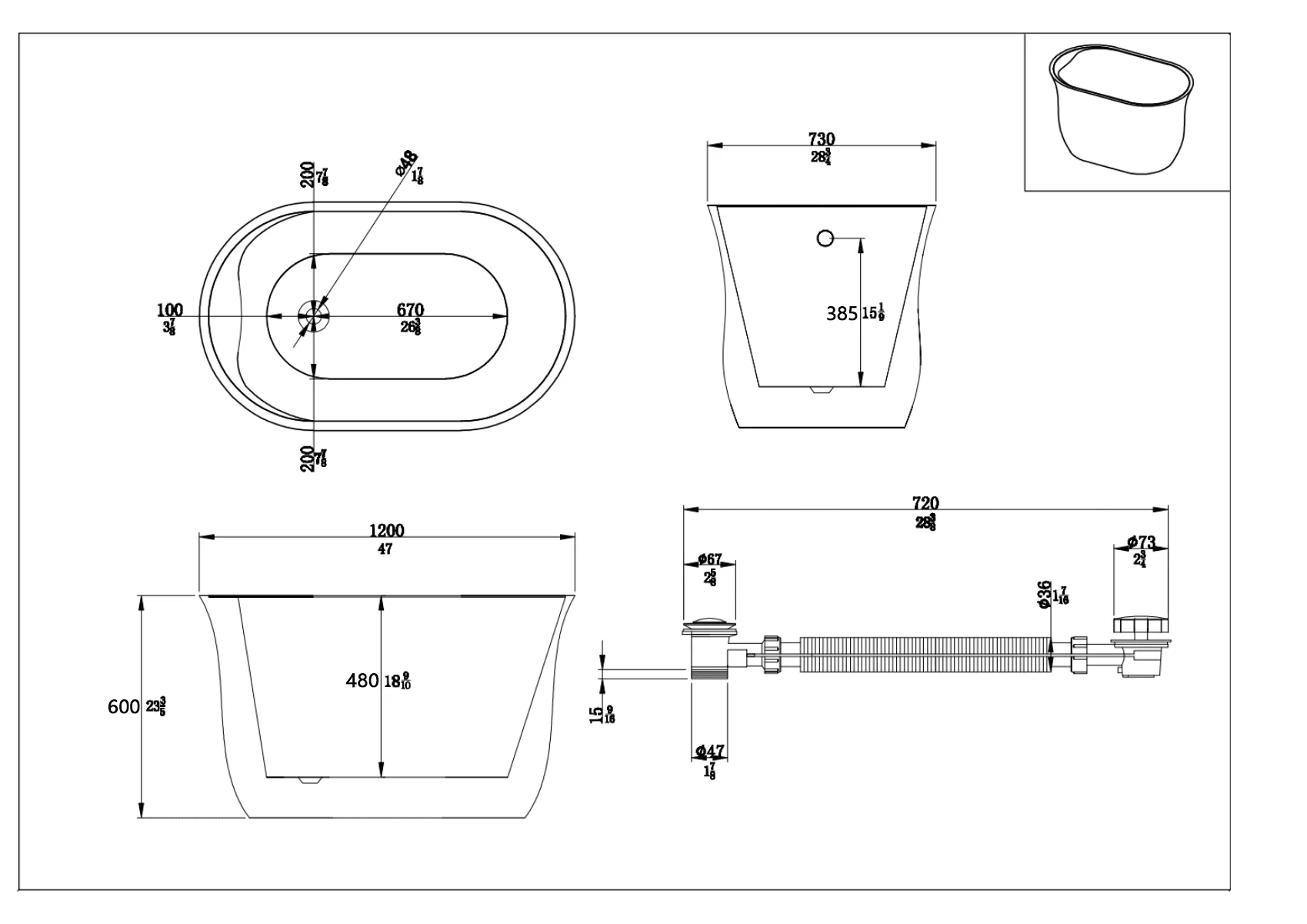 47'' Acrylic Flatbottom Modern Oval Small Freestanding Bathtub in Glossy White