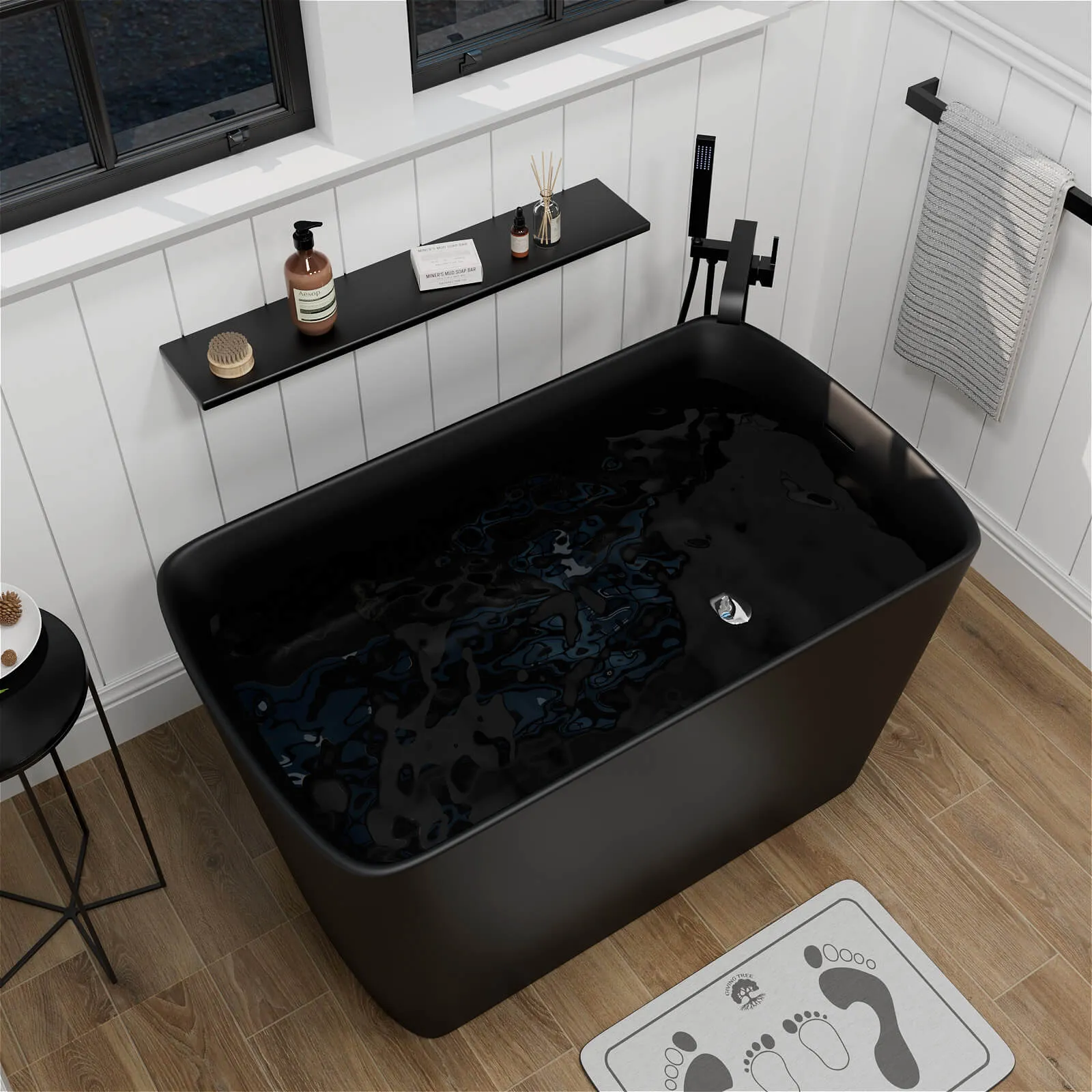 47'' Stone Resin Black Small Freestanding Japanese Soaking Tub with Seat, Reversible Drain