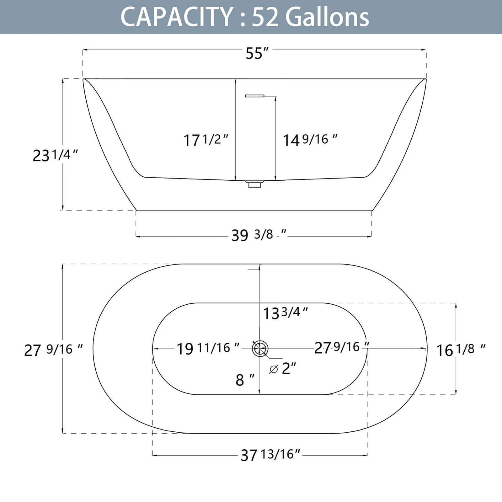 55" Acrylic Soaking Tub with Adjustable Feet