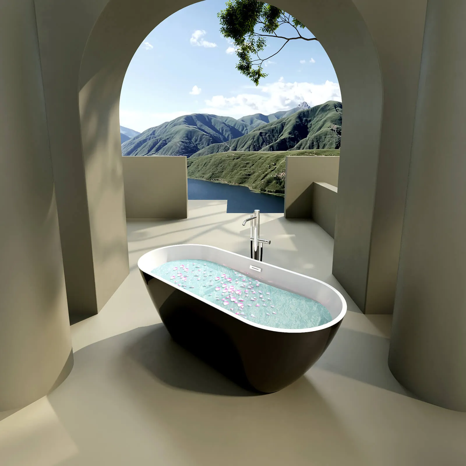 59'' White   Black Acrylic Soaking Tub