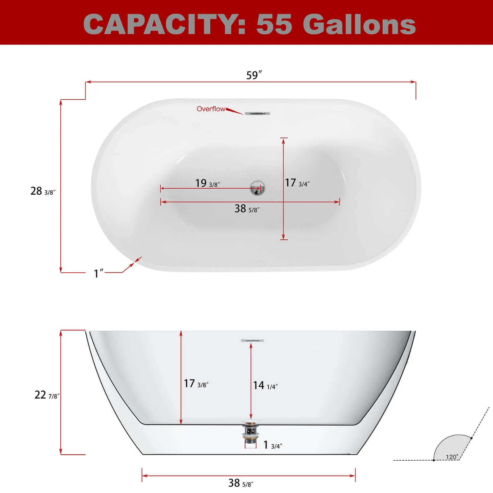 59'' White   Black Acrylic Soaking Tub