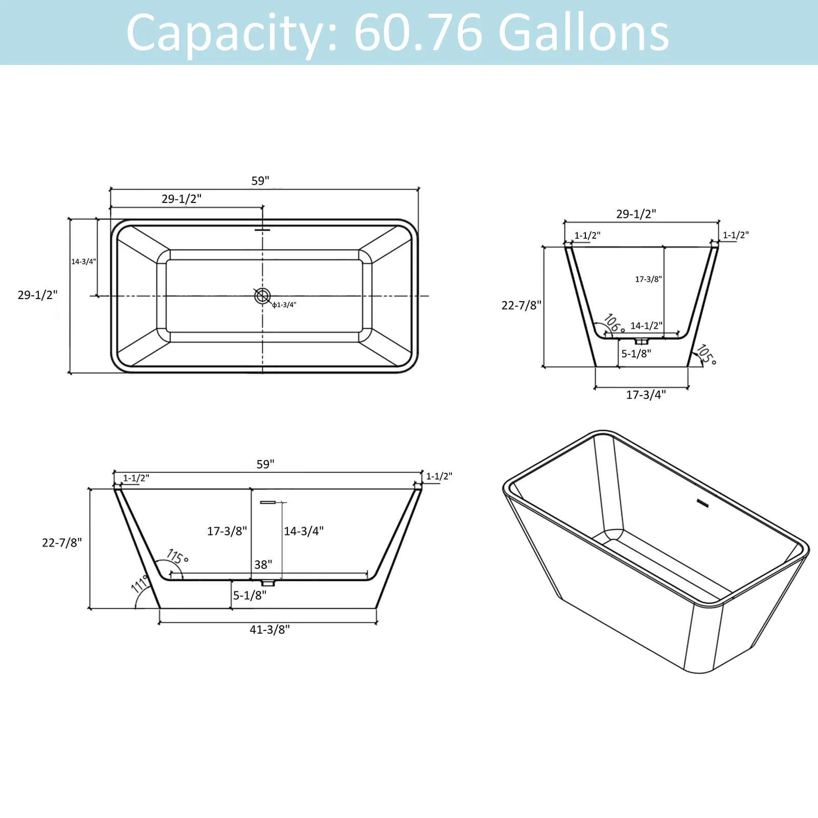 59" Acrylic Soaking Tub with Brushed Nickel Overflow