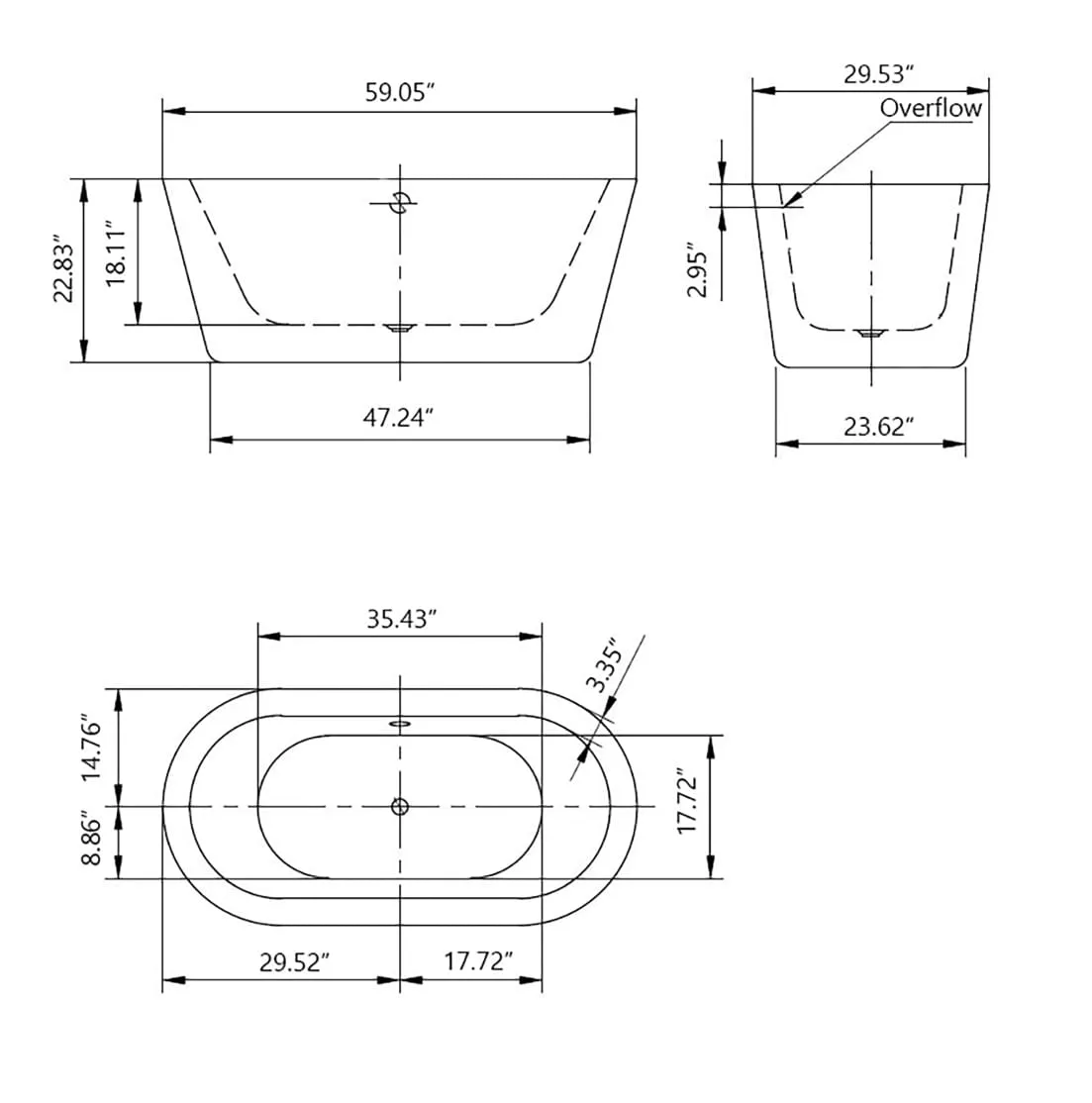 59" Freestanding Soaking Tub with Center Drain