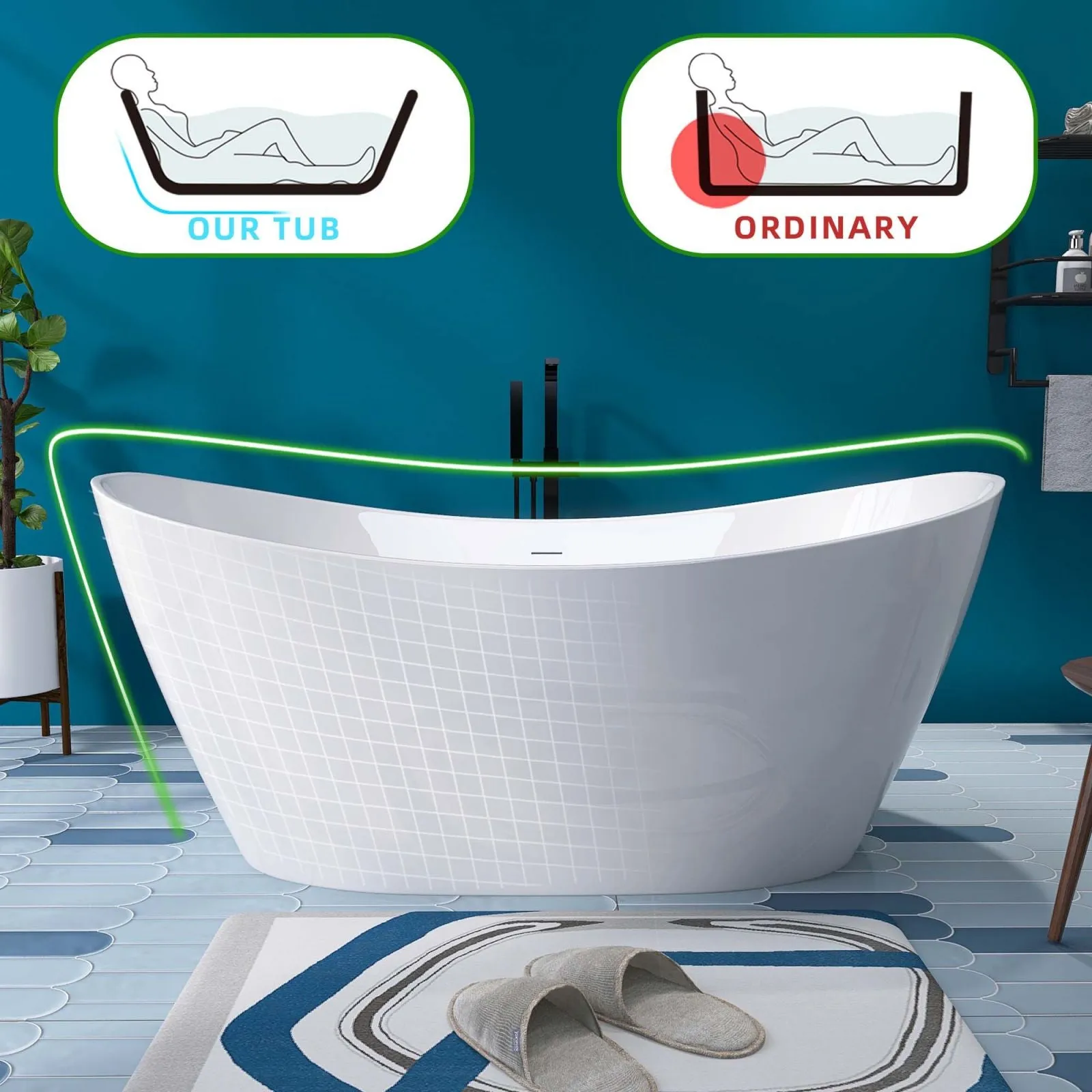 68'' Double Slipper Acrylic Soaking Bathtub
