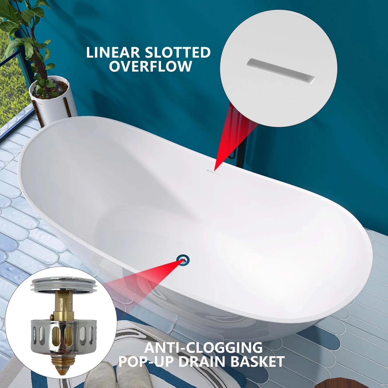 68'' Double Slipper Acrylic Soaking Bathtub