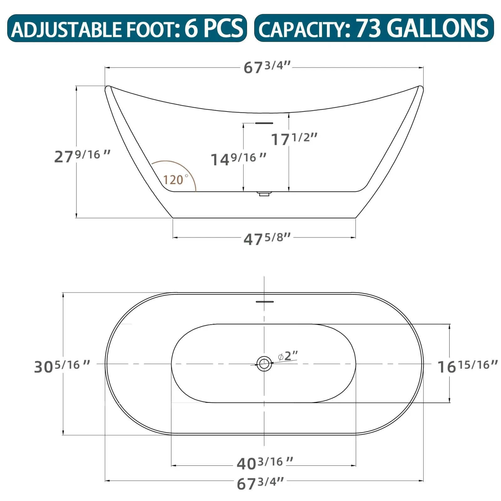 68'' Double Slipper Acrylic Soaking Bathtub