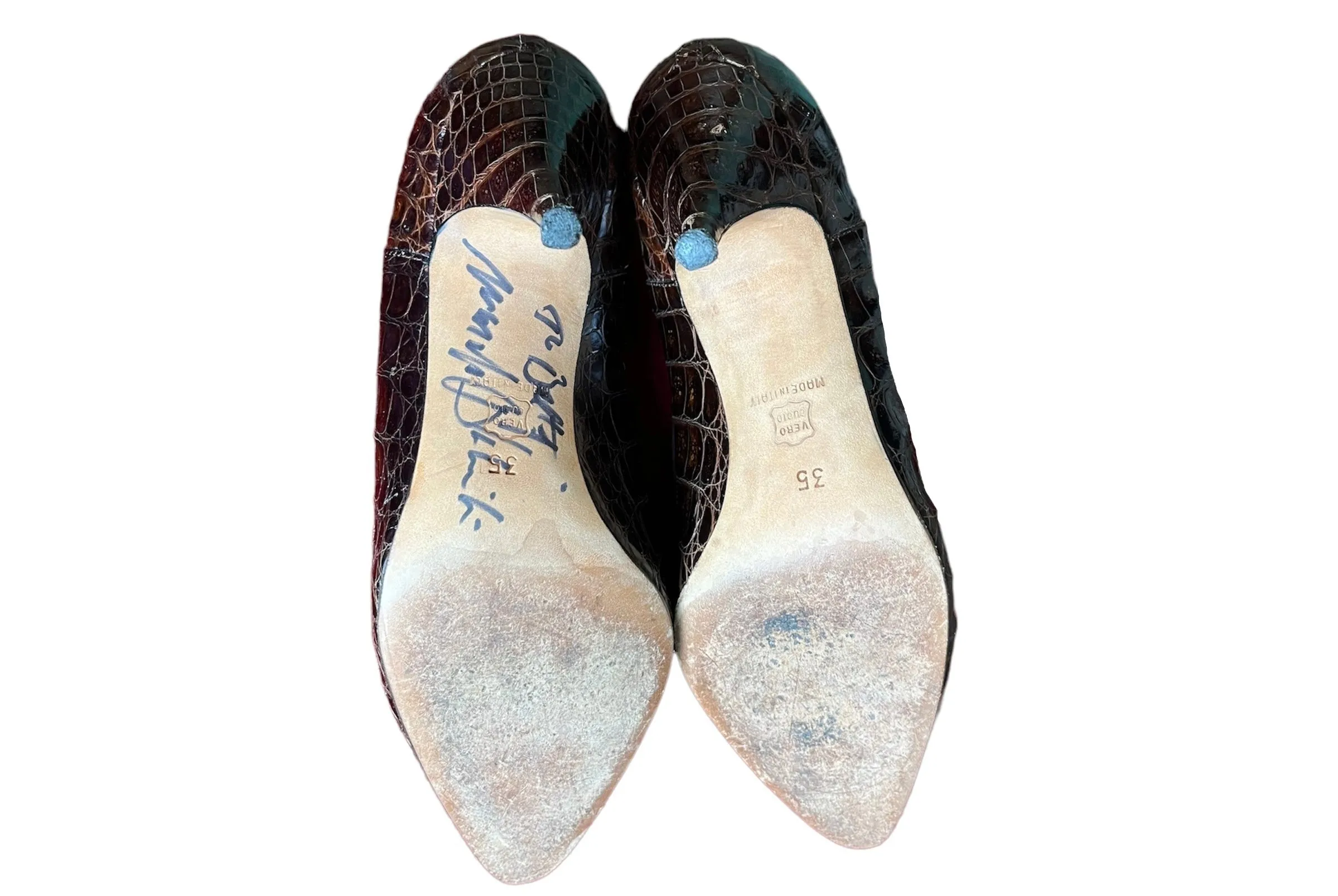 Autographed 1990s Manolo Blahnik Crocodile and Suede Pumps