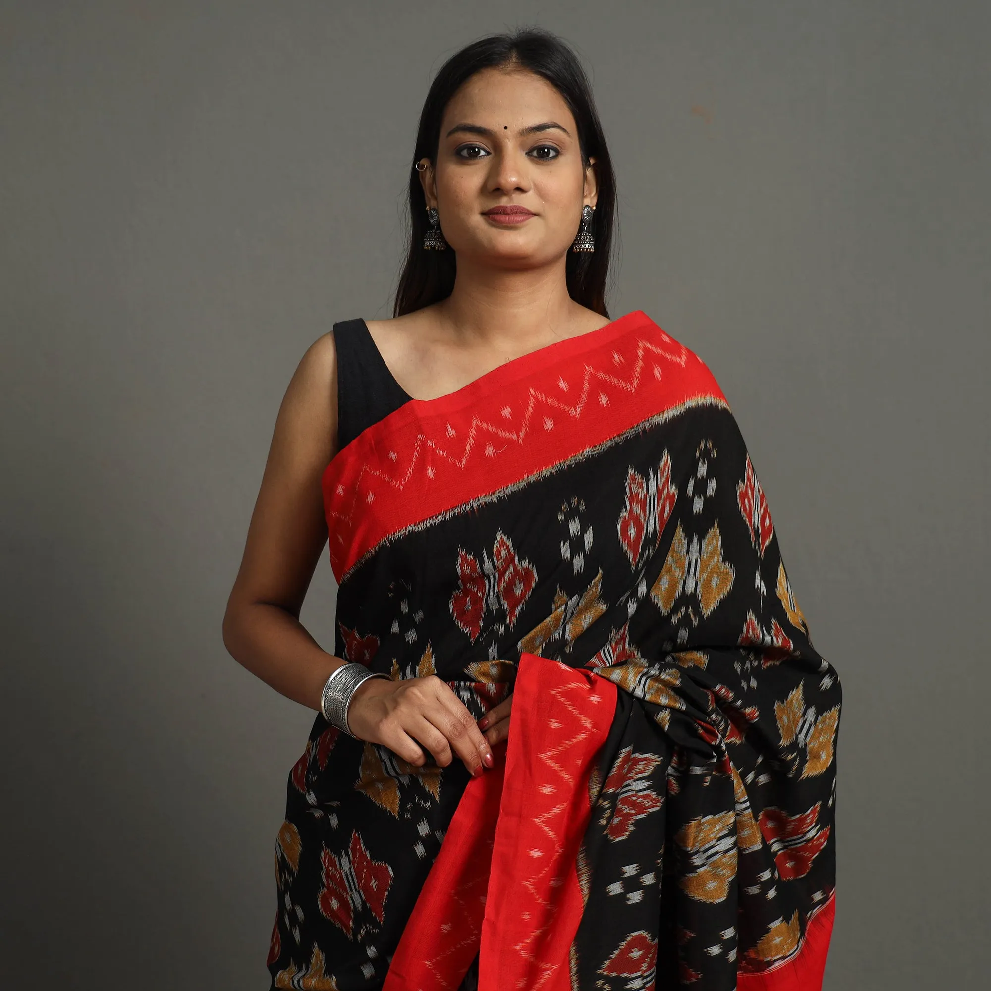 Black - Mercerised Cotton Handloom Pochampally Ikat Saree 53
