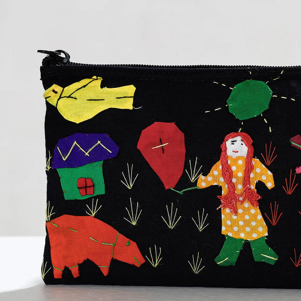 Black - Pipli Applique Work Cotton Cosmetic Pouch