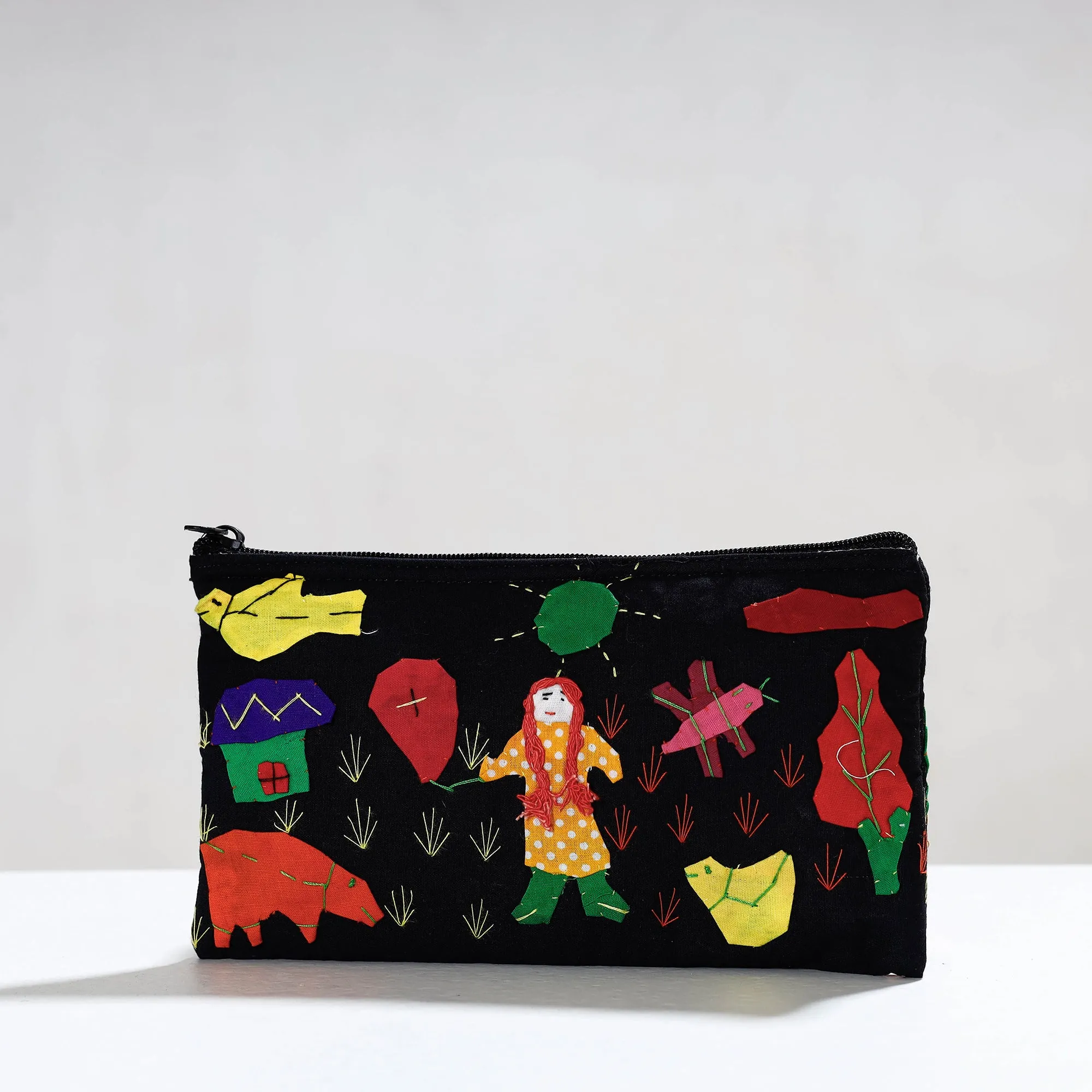 Black - Pipli Applique Work Cotton Cosmetic Pouch