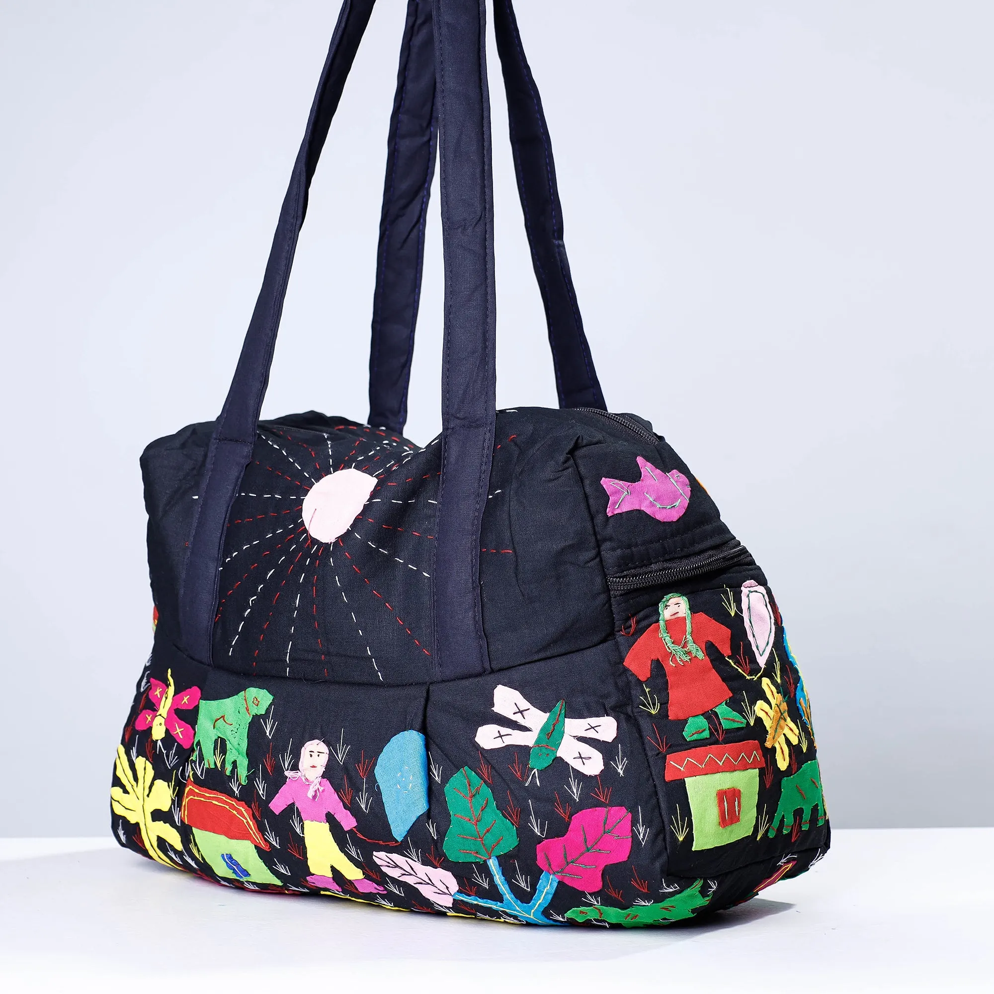 Black - Pipli Applique Work Cotton Shoulder Bag