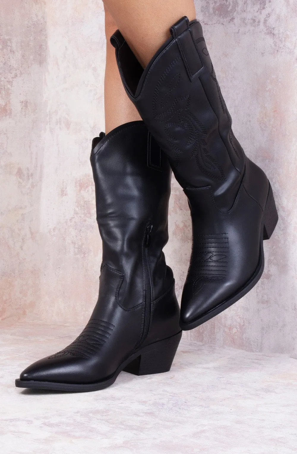 Black PU Faux Leather Mid Calf Length Cowboy Boot