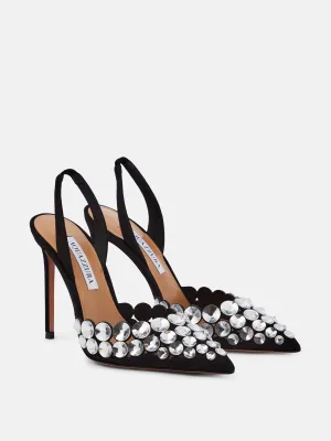 Black suede embellished slingback pumps