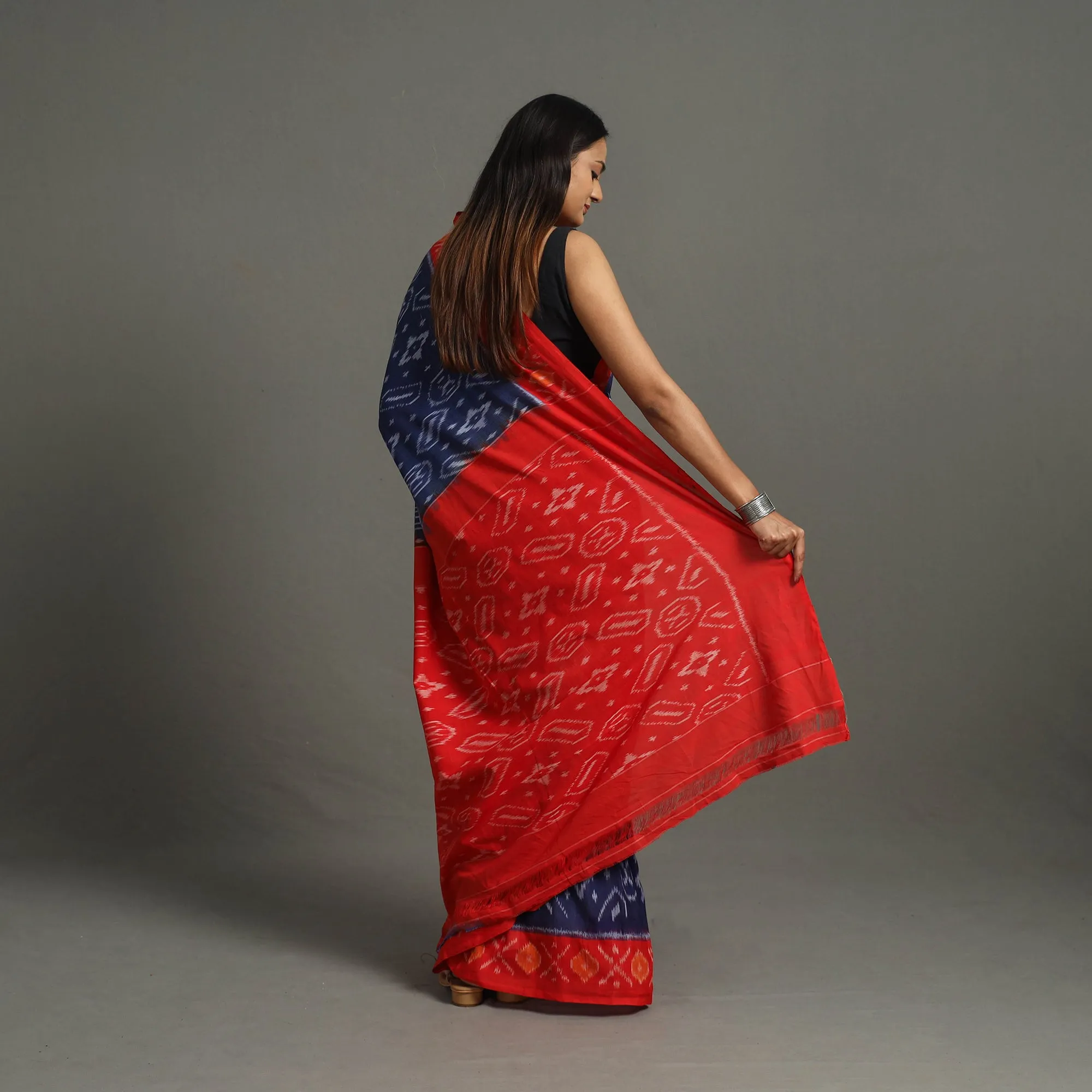 Blue - Mercerised Cotton Handloom Pochampally Ikat Saree 32