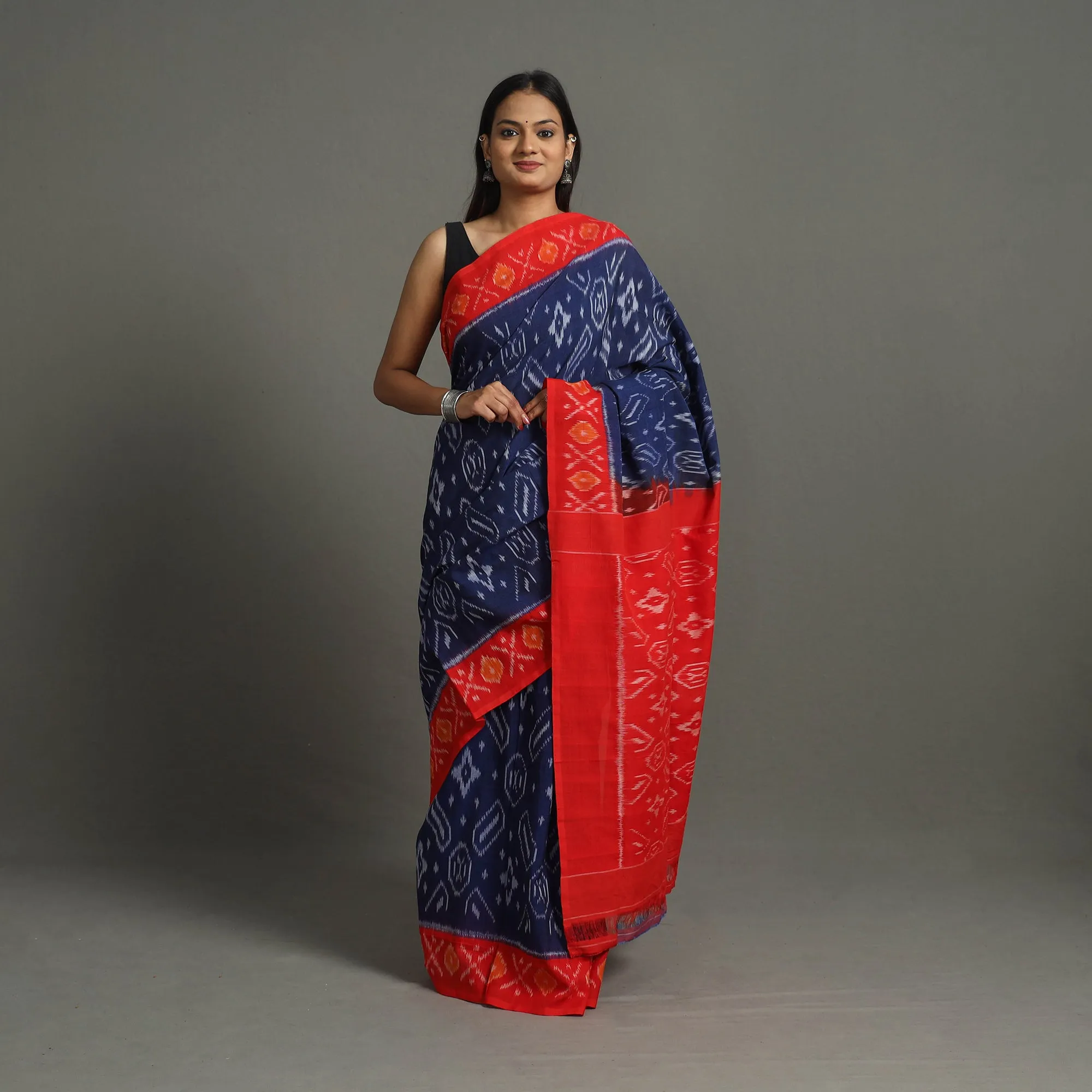 Blue - Mercerised Cotton Handloom Pochampally Ikat Saree 32