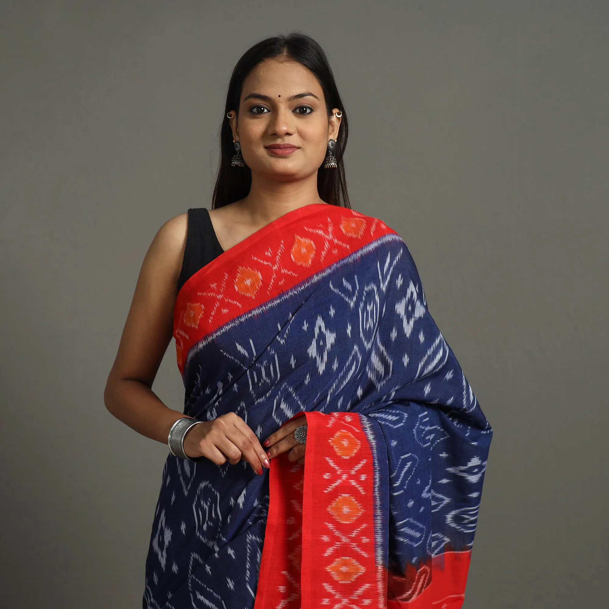 Blue - Mercerised Cotton Handloom Pochampally Ikat Saree 32