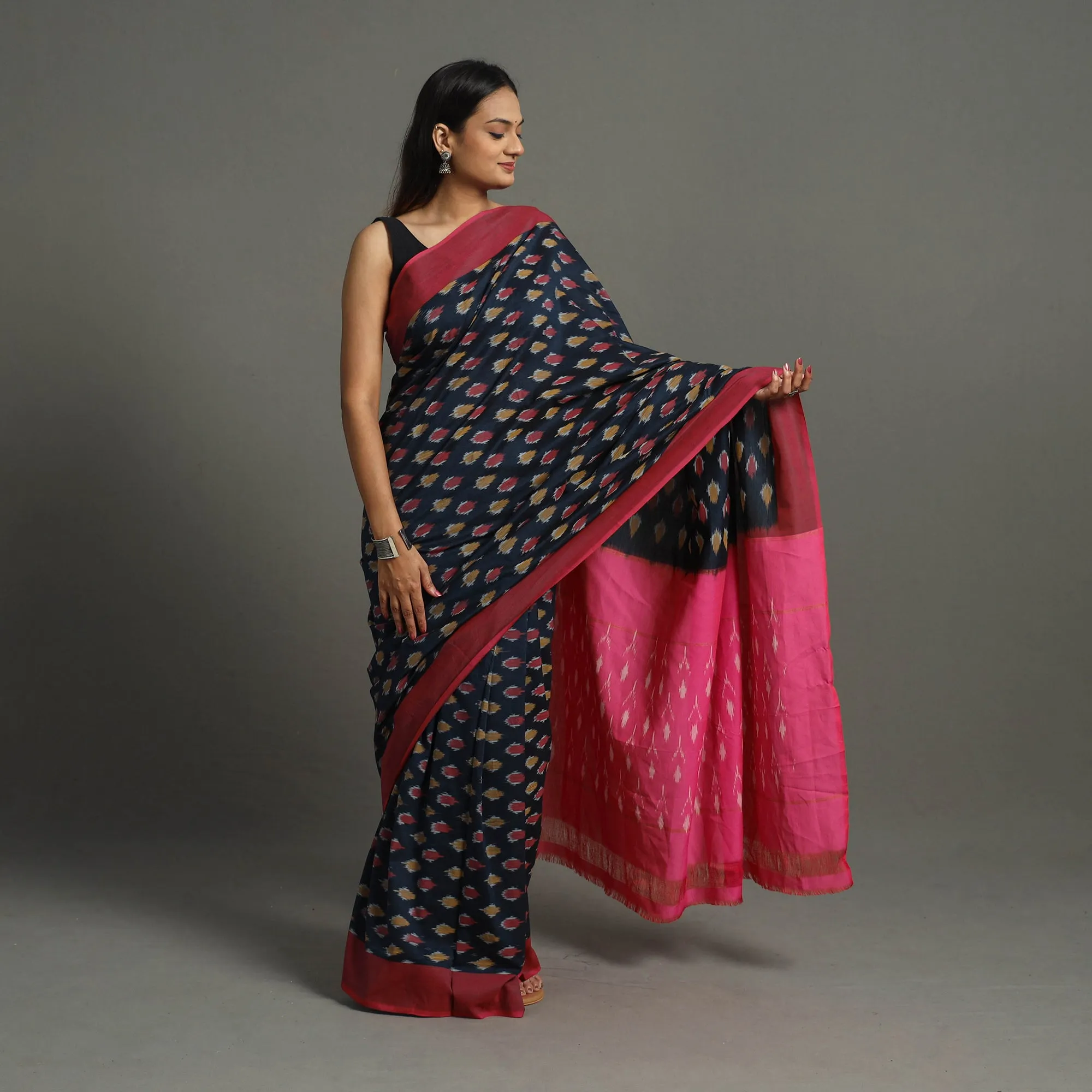 Blue - Mercerised Cotton Pochampally Ikat Saree 24