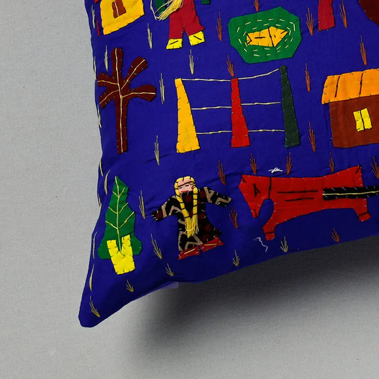 Blue - Pipli Applique Work Cotton Cushion Cover (16 x 16 in) Assorted