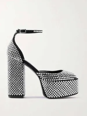 Crystal-embellished suede platform pumps