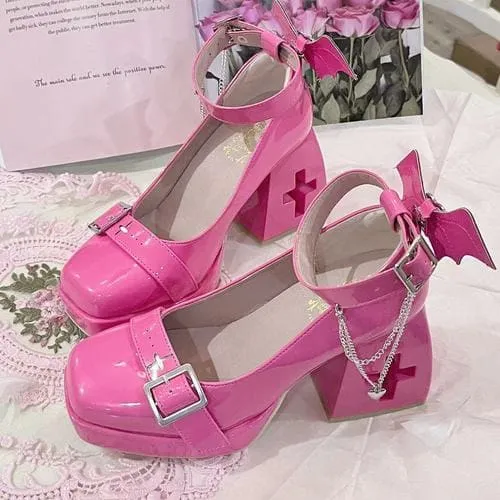 Dark Lolita Hollow Out Cross Shaped High Heels Devil Wings
