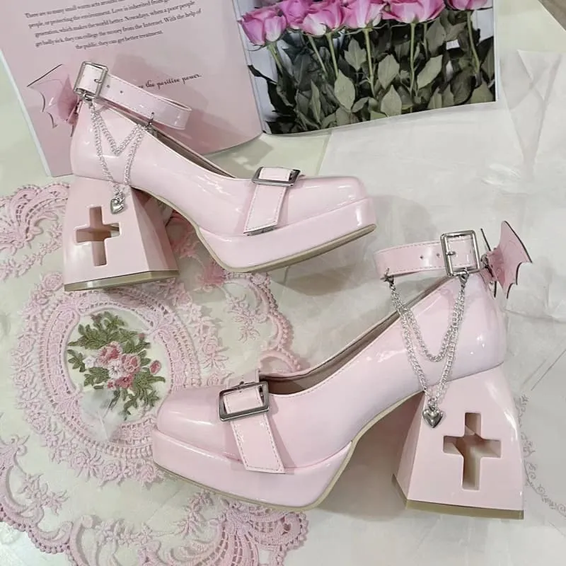 Dark Lolita Hollow Out Cross Shaped High Heels Devil Wings
