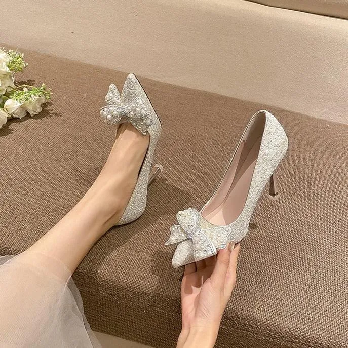 Dress Shoes Pearls Bow Bridesmaid High Heels Women Wedding Shoes