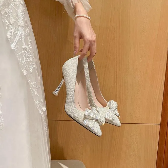 Dress Shoes Pearls Bow Bridesmaid High Heels Women Wedding Shoes