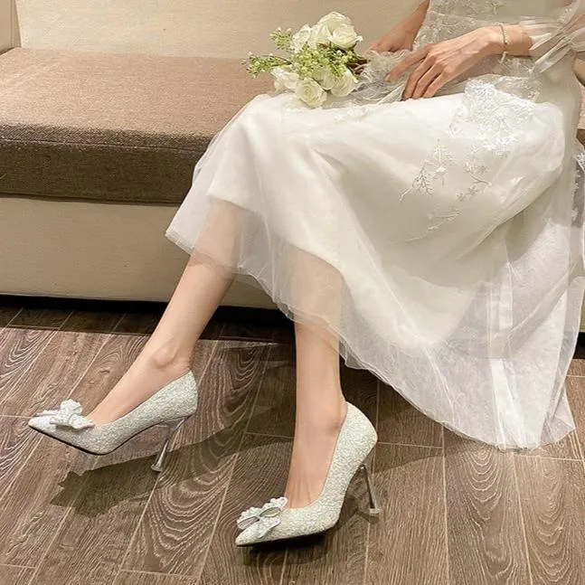 Dress Shoes Pearls Bow Bridesmaid High Heels Women Wedding Shoes