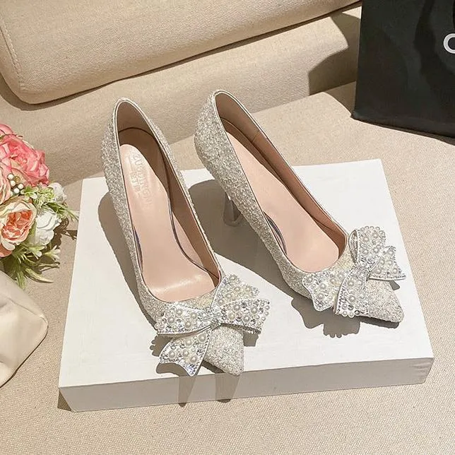Dress Shoes Pearls Bow Bridesmaid High Heels Women Wedding Shoes