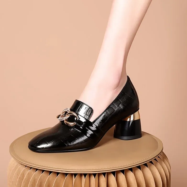 Exotic Metal Decor Square Toe Snakeskin Pumps