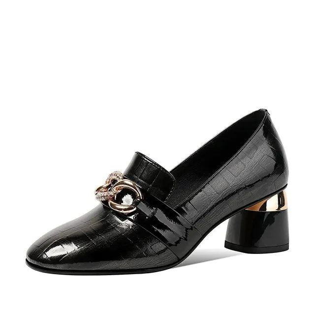 Exotic Metal Decor Square Toe Snakeskin Pumps