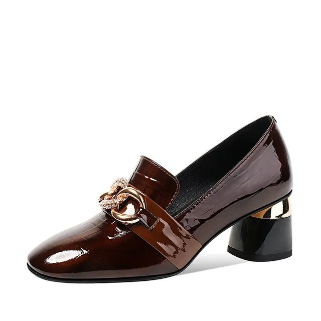 Exotic Metal Decor Square Toe Snakeskin Pumps