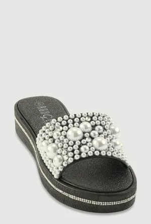 Faux Pearl Studded Band Slide Sandals