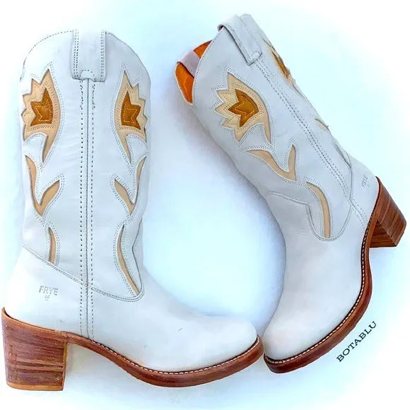 FRYE Vintage Sabrina Campus White Leather Floral Cowgirl Cowboy Western Boots