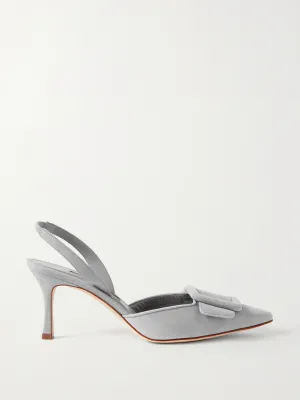 Grey buckled suede slingback pumps