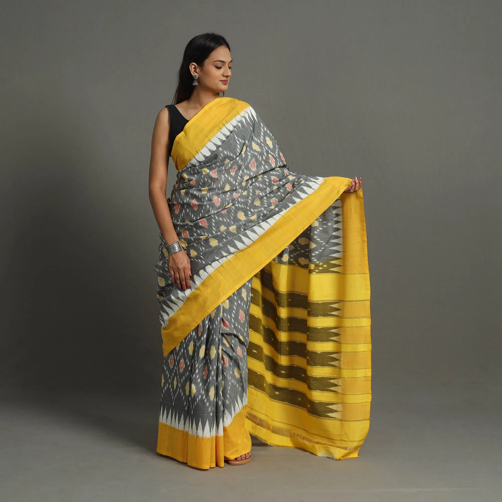 Grey - Mercerised Cotton Handloom Pochampally Ikat Saree 42