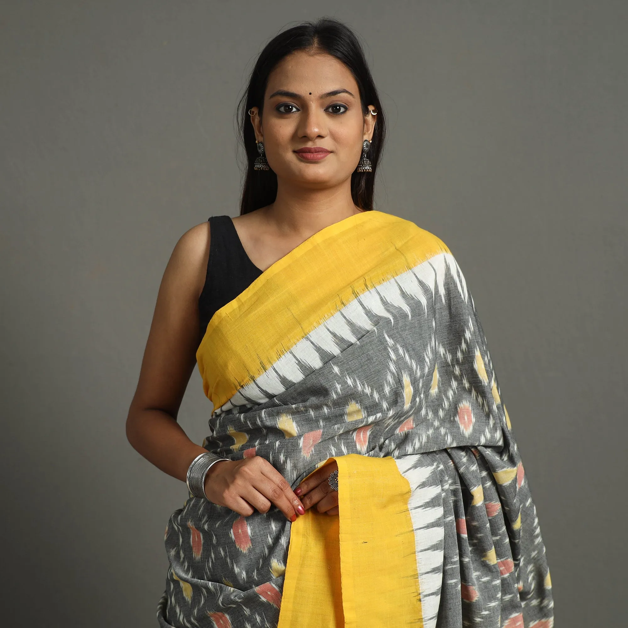 Grey - Mercerised Cotton Handloom Pochampally Ikat Saree 42