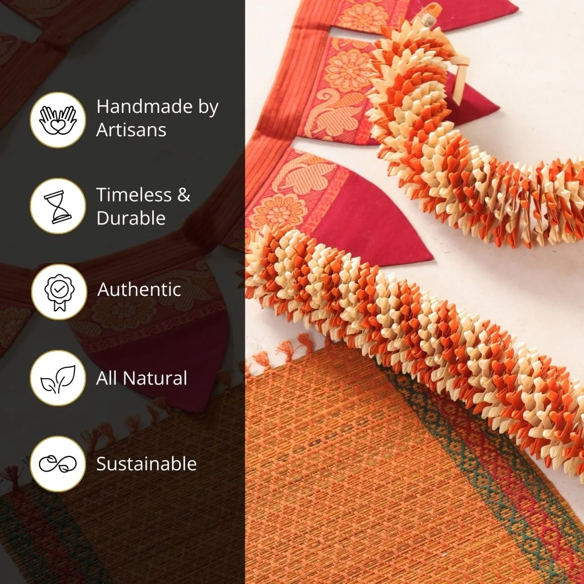 Handmade Cotton Fabric Toran, Festive Decor Hanging in Off-White & Orange (2 pcs) With Rust Aasan Combo Set | Festive Decor Item | Handmade in India