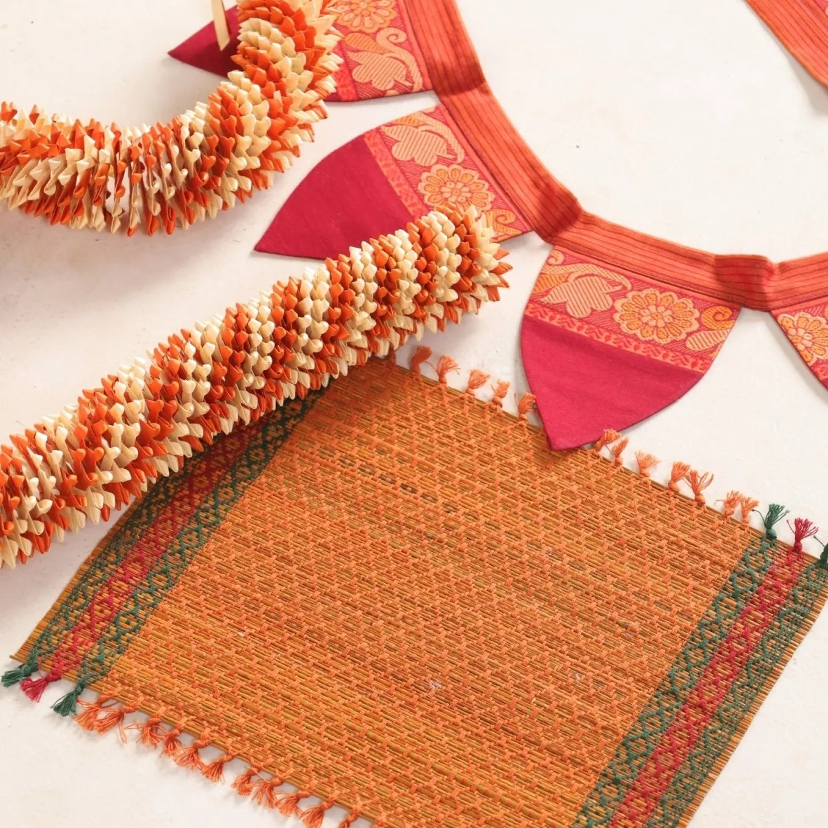 Handmade Cotton Fabric Toran, Festive Decor Hanging in Off-White & Orange (2 pcs) With Rust Aasan Combo Set | Festive Decor Item | Handmade in India