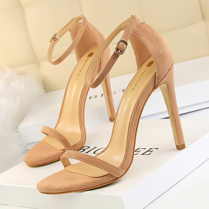 High-heeled suede open-toe pumps