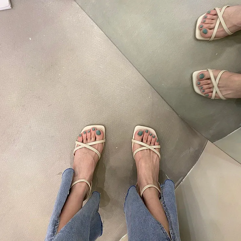 Hnzxzm 2024 Summer Gladiator Women Sandals Fashion Elegant Narrow Band Low Heel Shoes Ladies Casaul Outdoor Dress Sandalias