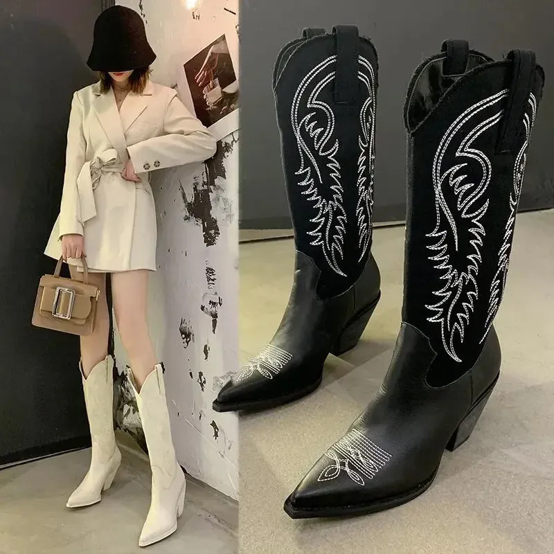 Hnzxzm White Cowboy Boots Retro Thin Pointed High Barrel Knight Boots Thick Heel Women's Knee Length Cowboy Boot for Women
