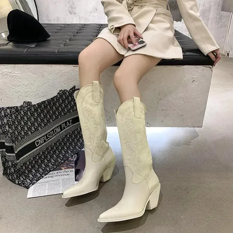 Hnzxzm White Cowboy Boots Retro Thin Pointed High Barrel Knight Boots Thick Heel Women's Knee Length Cowboy Boot for Women