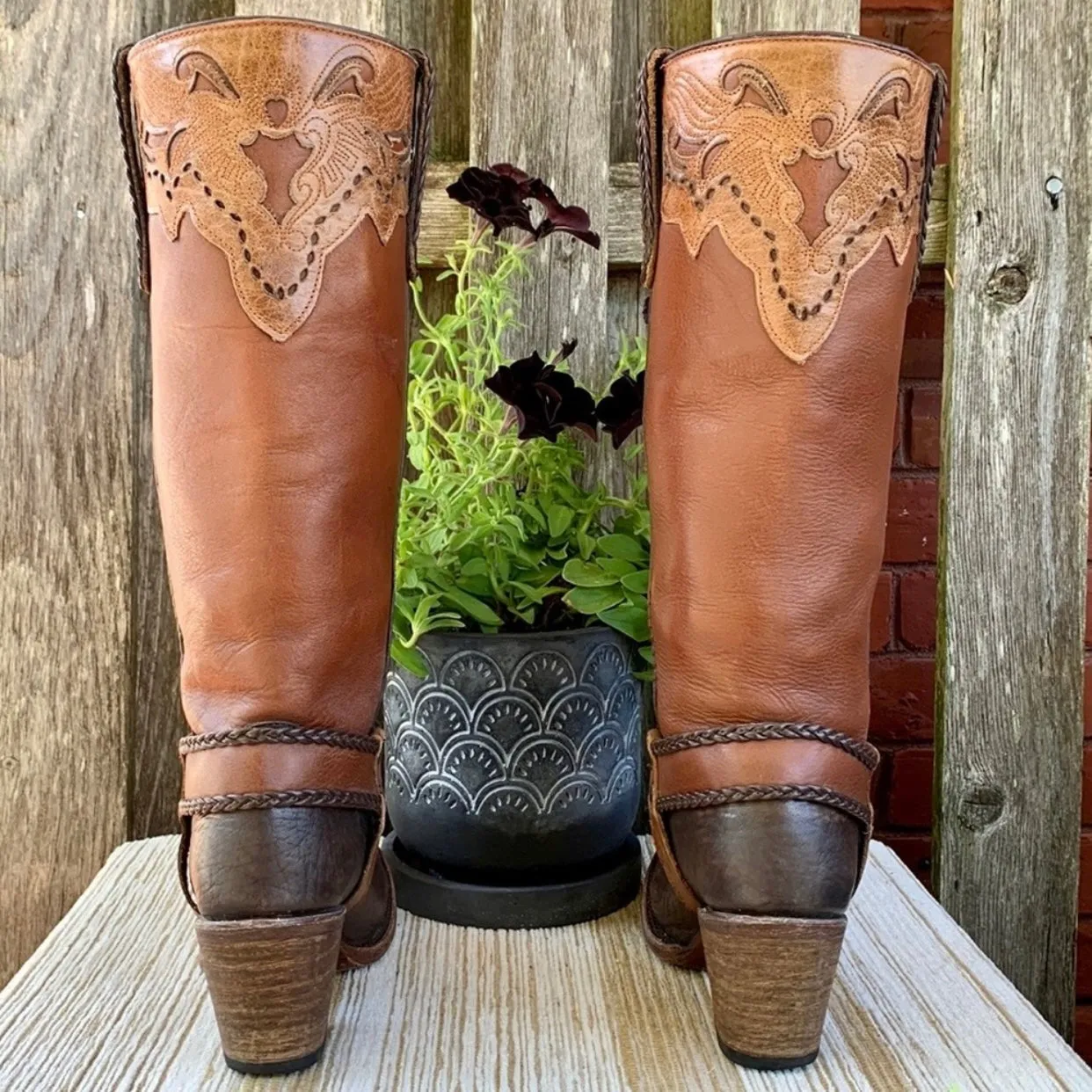 INDOMABLES Harness Tooled Braided Brown Leather Tall Cowgirl Western Boots