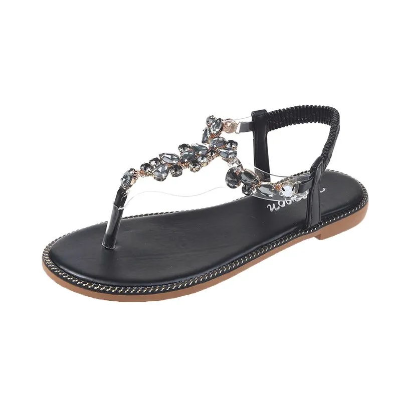 Ladies Bohemian Sandals  Summer Casual Shoes Black Green Beach Flip Flops Outdoor Gladiator Rhinestone Flat Sandals Women