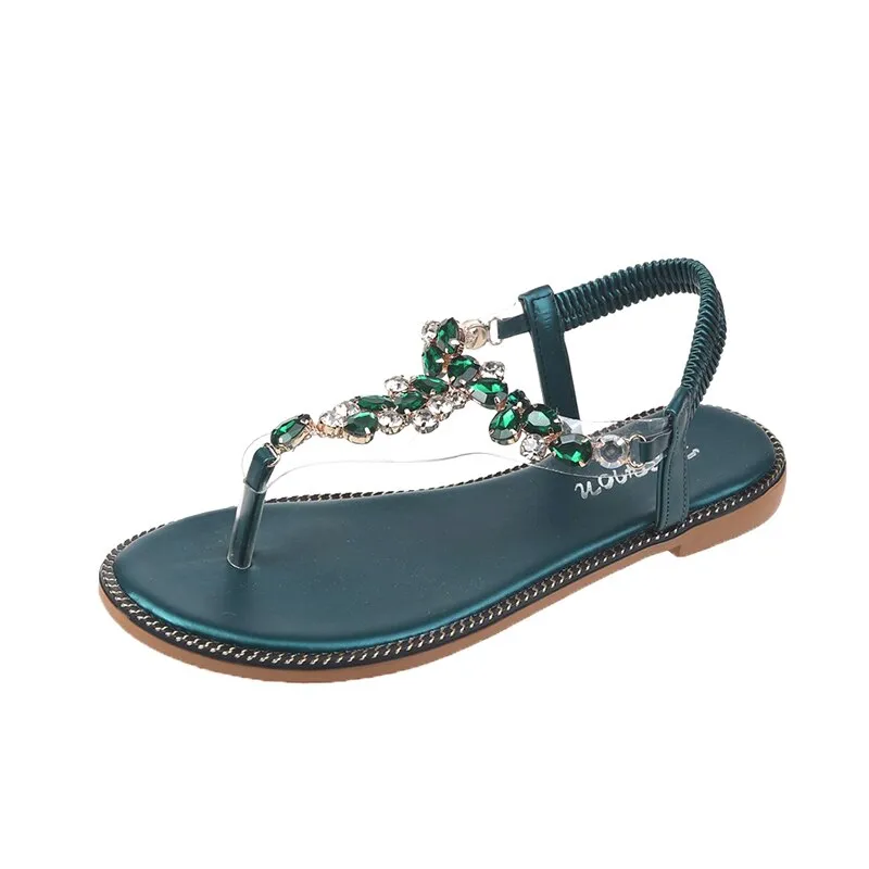Ladies Bohemian Sandals  Summer Casual Shoes Black Green Beach Flip Flops Outdoor Gladiator Rhinestone Flat Sandals Women
