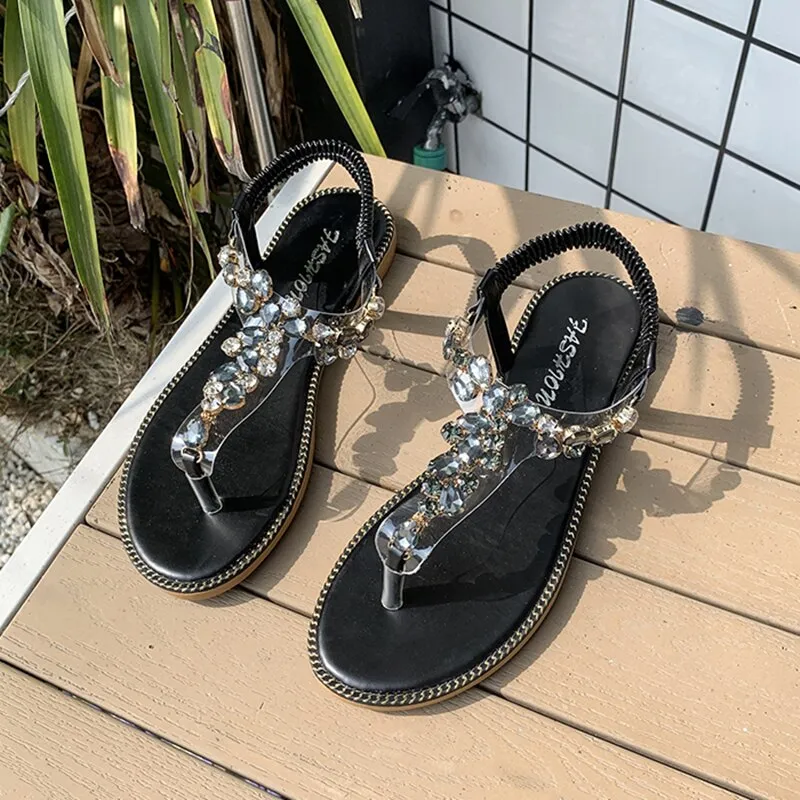 Ladies Bohemian Sandals  Summer Casual Shoes Black Green Beach Flip Flops Outdoor Gladiator Rhinestone Flat Sandals Women