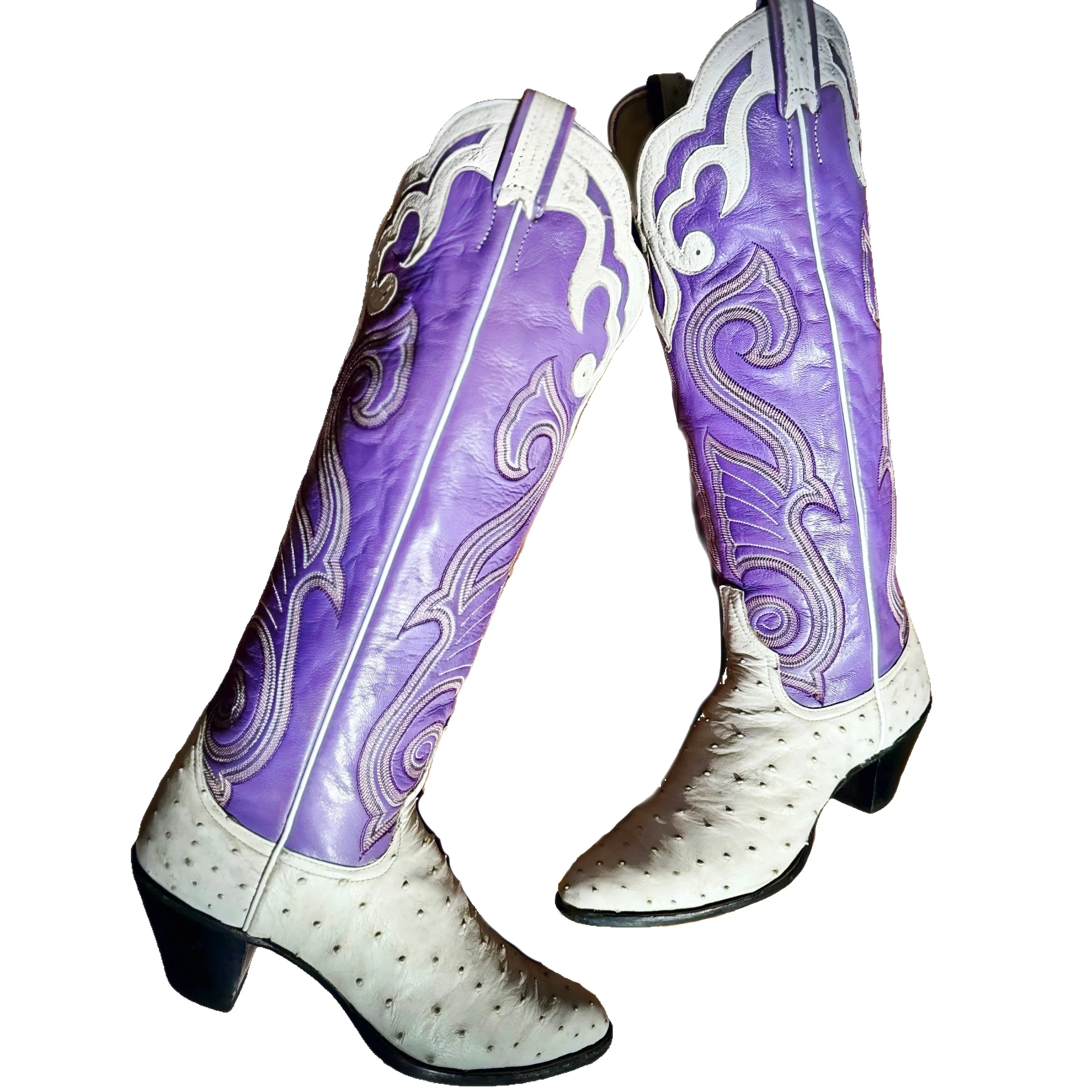 LARRY MAHAN Vintage Ostrich Purple White Knee High Cowboy Boots