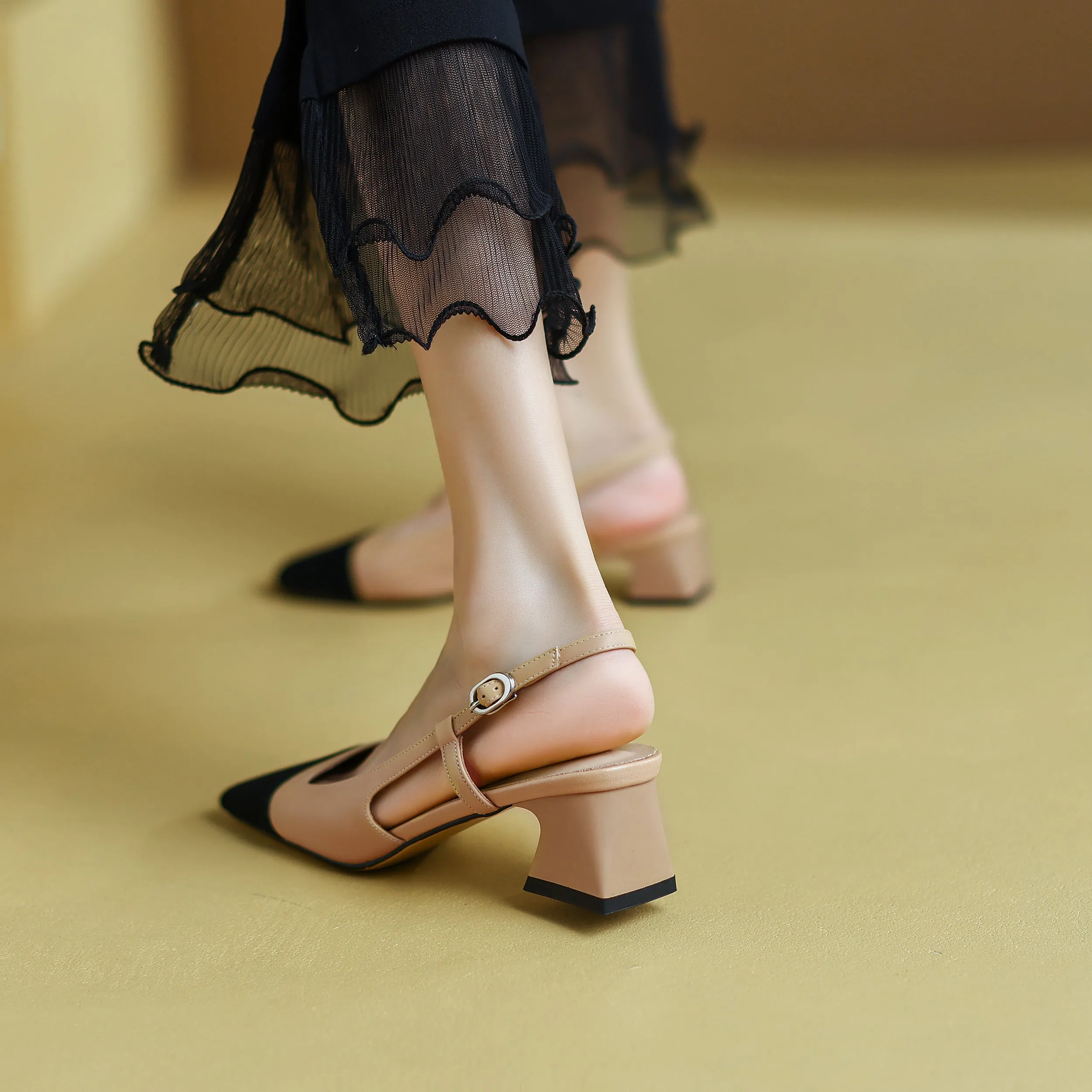 Leather Slingback Heels for Women Strap Closed Toe