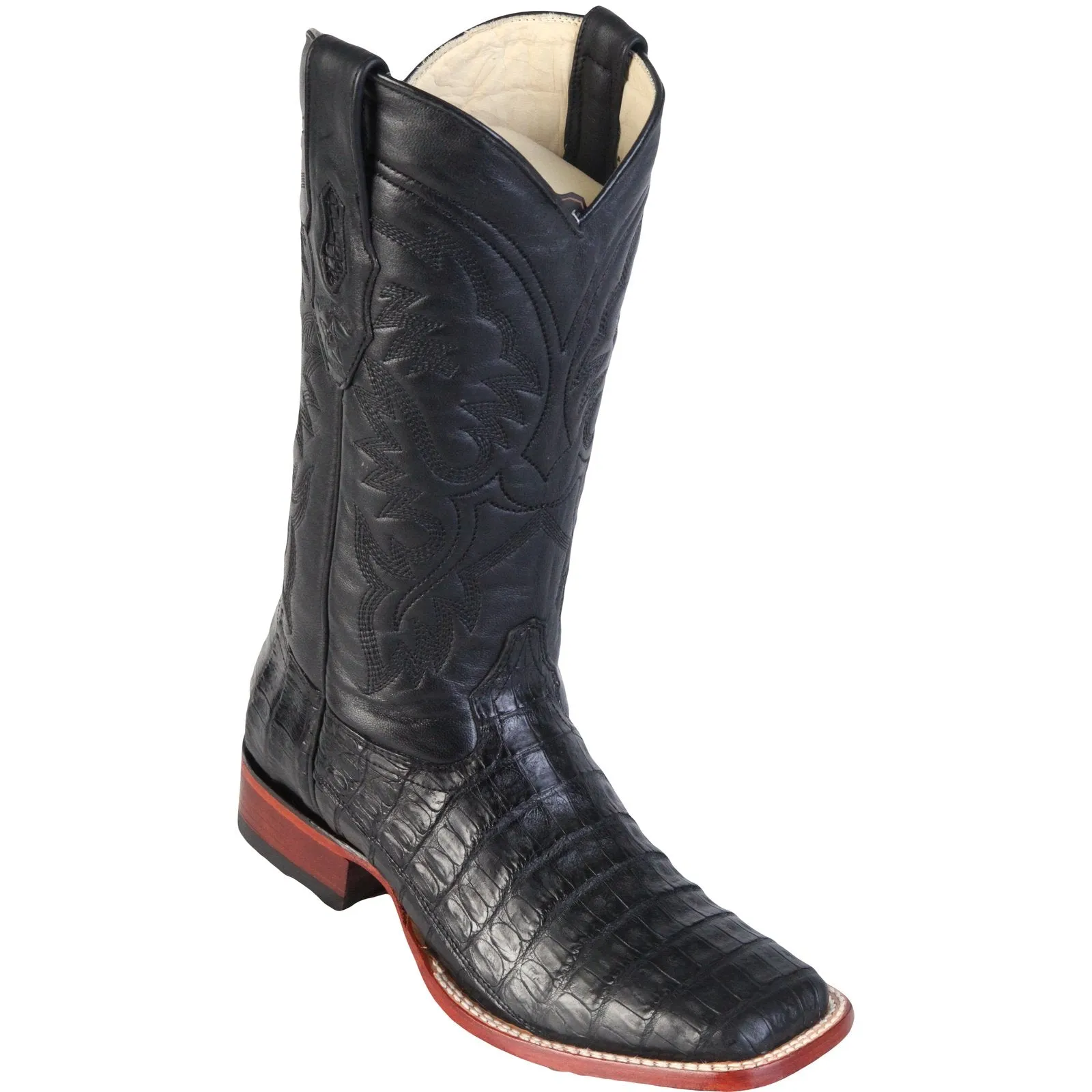 Los Altos Men's Black Caiman Belly Wide Square Toe Boots
